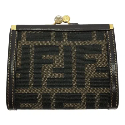 Pre-owned Fendi Black Brown Leather Canvas Coin Purse/coin Case () In Multi