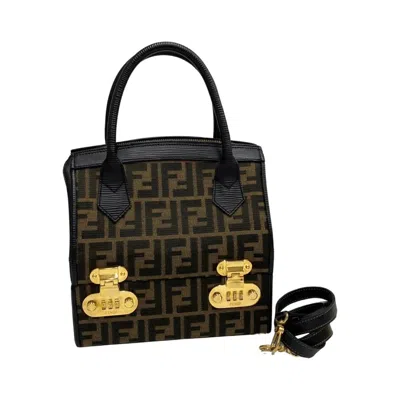 Pre-owned Fendi Black Brown Leather Canvas Handbag Shoulder Bag () In Black, Brown