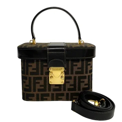 Pre-owned Fendi Black Brown Leather Canvas Handbag Shoulder Bag Vanity Bag () In Black, Brown