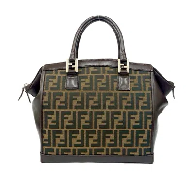 Pre-owned Fendi Black Brown Leather Canvas Handbag Tote Bag () In Multi