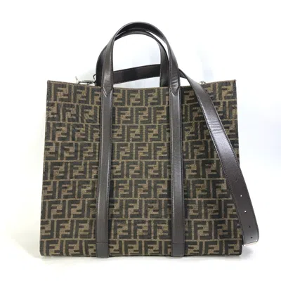 Pre-owned Fendi Black Brown Leather Canvas Shopping Bag Shoulder Bag Tote Bag () In Multi
