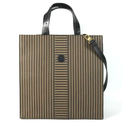 Pre-owned Fendi Black Brown Leather Coated Canvas Handbag Shoulder Bag Tote Bag () In Black, Brown
