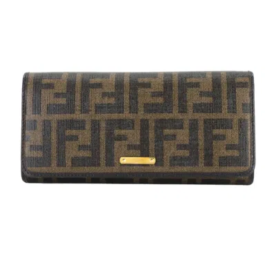 Pre-owned Fendi Black Brown Pvc Leather Long Wallet (tri-fold) () In Multi