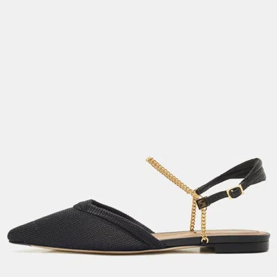 Pre-owned Fendi Black Canvas And Leather Chain-link Flat Sandals Size 37.5