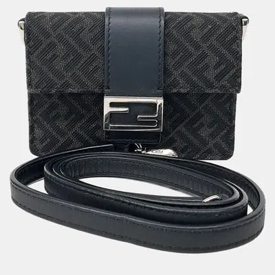 Pre-owned Fendi Black Canvas And Leather Flat Baguette Micro Card Holder And Crossbody Bag (7m0311)