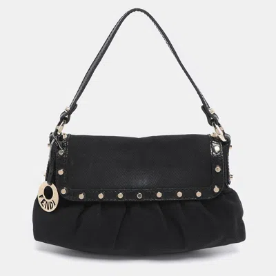 Pre-owned Fendi Black Canvas And Patent Leather Small Studded Chef Shoulder Bag