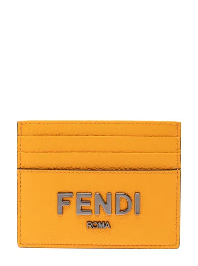 Fendi Black Card-holder With Metal Logo In Relief In Leather Man In Yellow