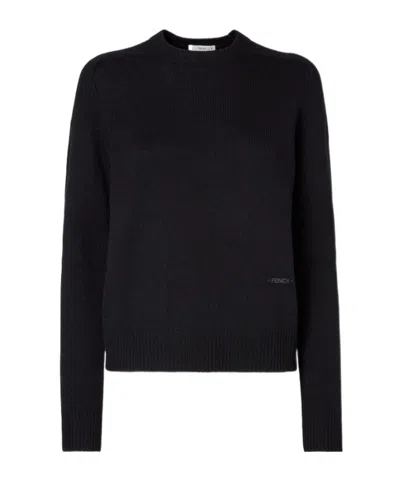 Fendi Embroidered-logo Crew-neck Sweater In Black