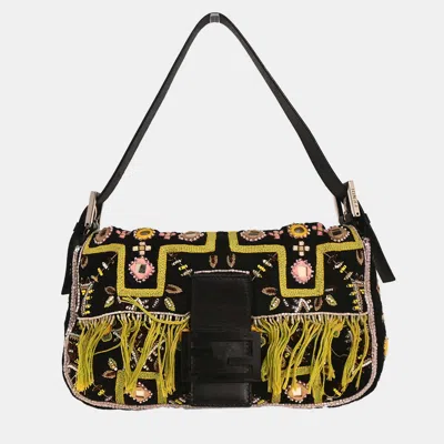 Pre-owned Fendi Black Cotton Beaded Embroidered Baguette Handbag