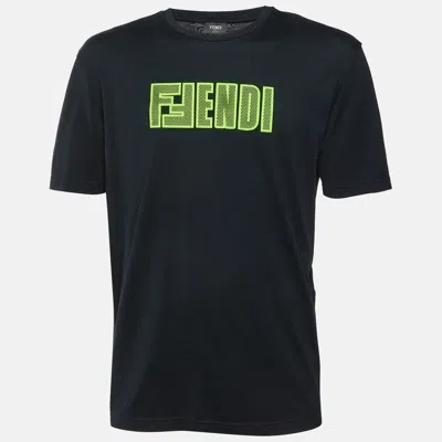 Pre-owned Fendi Black Cotton Fluo Logo Detail Crew Neck T-shirt L