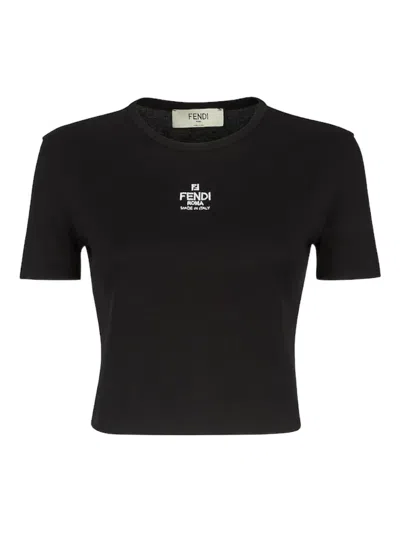 Fendi Women T-shirt A Coste Cropped Con Dettaglio Logo In Cotone Stretch Nero Donna In Black