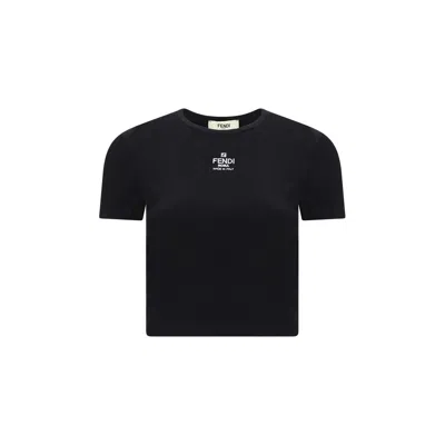 Fendi Women T-shirt A Coste Cropped Con Dettaglio Logo In Cotone Stretch Nero Donna In Black