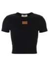 Fendi Cotton Crewneck Logo Top With Ribbed Knit And Leather Patch In Black