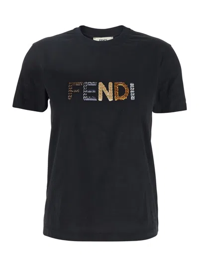 FENDI FENDI WOMEN BLACK CREWNECK T-SHIRT WITH LOGO LETTERING ON THE FRONT IN COTTON WOMAN