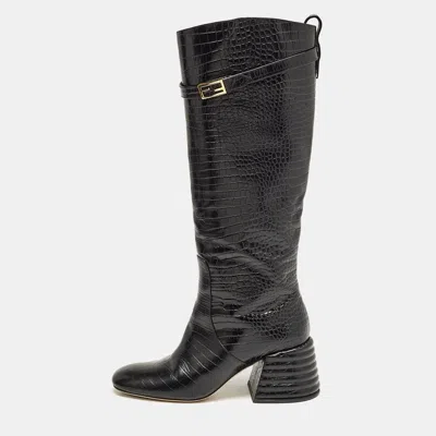 Pre-owned Fendi Black Croc Embossed Leather Knee Length Boots Size 38.5