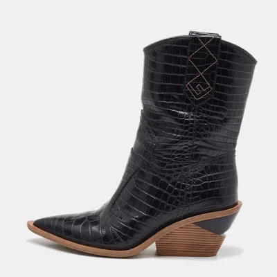 Pre-owned Fendi Black Croc Embossed Leather Mid Calf Cowboy Boots Size 36.5