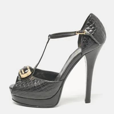 Pre-owned Fendi Black Croc Embossed Leather Peep Toe Sandals Size 37