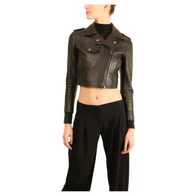 Pre-owned Fendi Black Cropped Silver Zip Fitted Leather Jacket Coat It 36 Xs