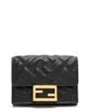 Fendi Women Micro Trifold Wallet In Ff Leather In Black
