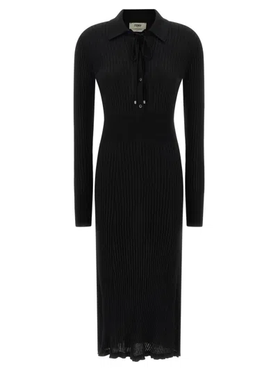 Fendi Long Sleeve Ribbed Button Detail Dress In Black