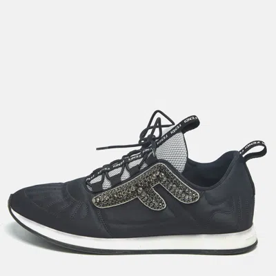 Pre-owned Fendi Black Fabric And Satin Crystal Embellished Lace Up Sneakers Size 37