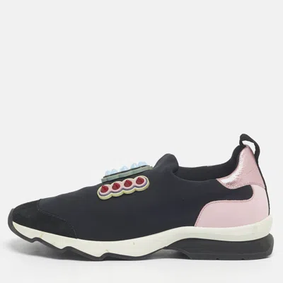 Pre-owned Fendi Black Fabric And Suede Fun Fair Logo Slip On Sneakers Size 38