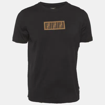 Pre-owned Fendi Black Ff Applique Jersey T-shirt L