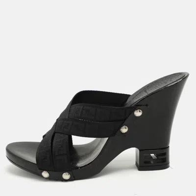 Pre-owned Fendi Black Ff Canvas Criss Cross Slide Sandals Size 39