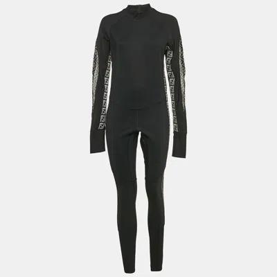 Pre-owned Fendi Black Ff Logo Print Jersey Trimmed Jumpsuit M