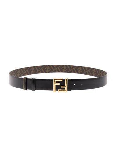 Fendi Ff Rounded Reversible Leather Belt In Black