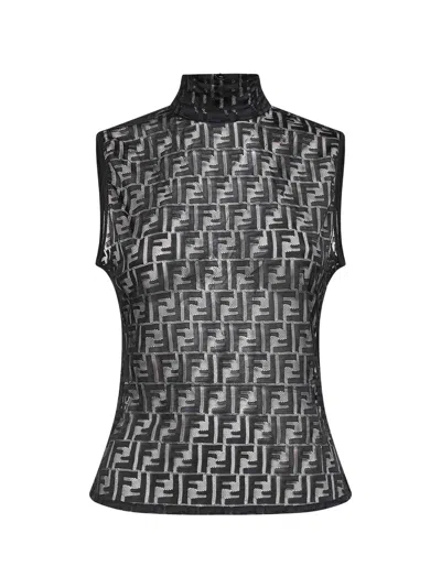 FENDI BLACK FF STRETCH LACE SLEEVELESS TOP