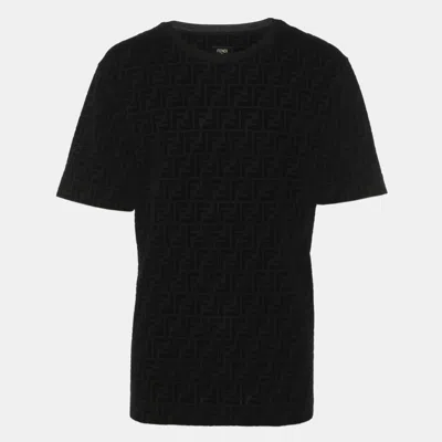 Pre-owned Fendi Black Ff Velvet And Pique Polo T-shirt S