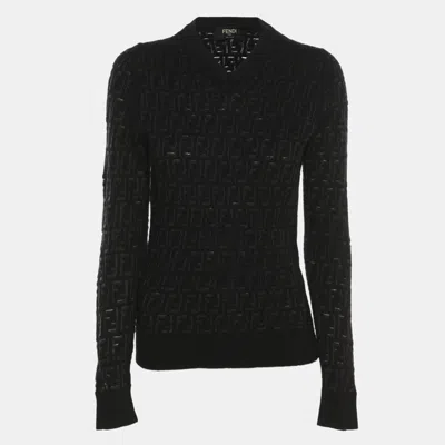 Pre-owned Fendi Black Ff Wool Blend V Neck Sweater Xl