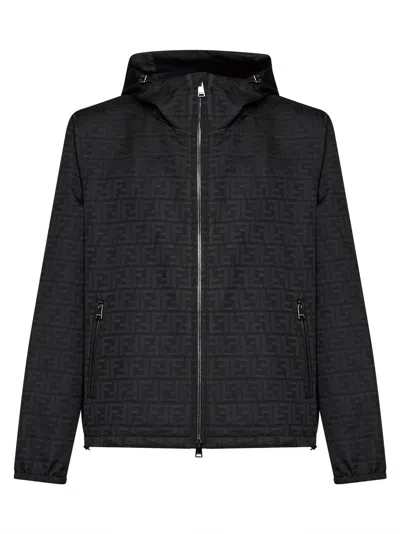 Fendi Black Ff Zucca Jacquard Nylon Hooded Blouson