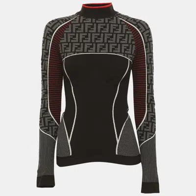 Pre-owned Fendi Black Ff Zucca Pattern Jersey High Neck Top S/m