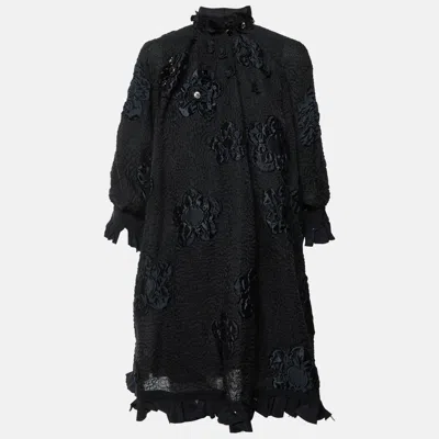 Pre-owned Fendi Black Floral Appliqué Textured Wool Blend Mini Dress S