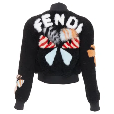 Pre-owned Fendi Black Floral Fur Leather Lined Cropped Bomber Jacket It40 S