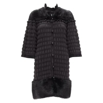Pre-owned Fendi Black Fur Panel Virgin Wool Crochet Chunky Knit Bell Coat It40 S