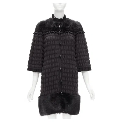 Pre-owned Fendi Black Fur Panel Virgin Wool Crochet Chunky Knit Bell Coat It40 S