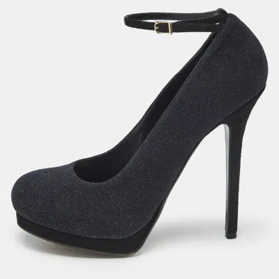 Pre-owned Fendi Black Glitter Suede Ankle Strap Platform Pumps Size 40