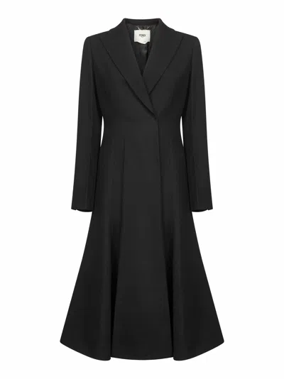 FENDI BLACK GRAIN DE POUDRE WOOL MIDI COAT