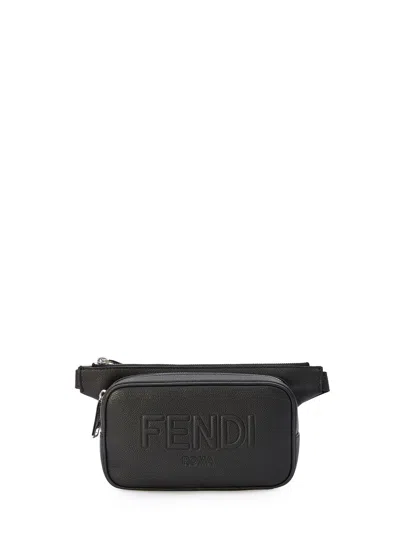 Fendi Black Grained Leather Belt Handbag With  Rome Logo For Men