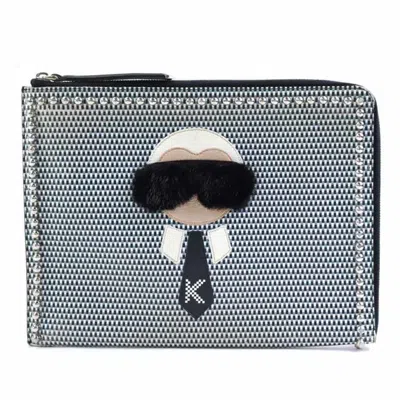 Pre-owned Fendi Black Gray White Leather Metal Fur Clutch Bag () In Black, Gray, White