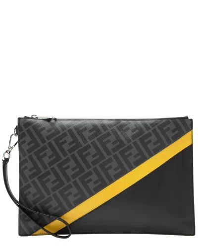 Pre-owned Fendi Black, Grey, Yellow Coated Canvas & Leather Ff Diagonal Clutch  (authentic Pre-loved)