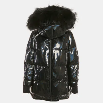 Pre-owned Fendi Black Holographic Synthetic Quilted Down Detachable Fur Jacket S