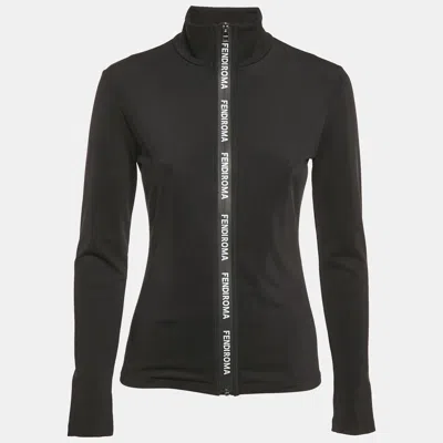Pre-owned Fendi Black Jersey Logo Band Detail Zip-up Jacket S