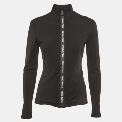 Pre-owned Fendi Black Jersey Logo Band Zip-up Track Jacket S