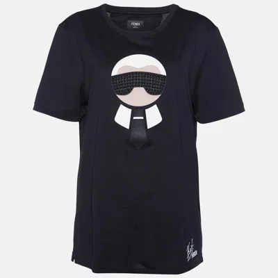 Pre-owned Fendi Black Karl Appliqued Cotton Crew Neck T-shirt Xl