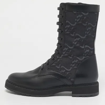 Pre-owned Fendi Black Karligraphy Jacquard And Leather Combat Boots Size 37