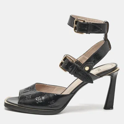 Pre-owned Fendi Black Karligraphy Leather Fframe Ankle Strap Sandals Size 39